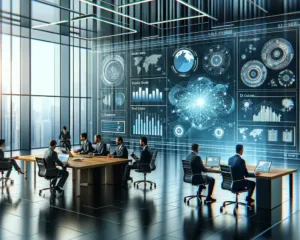 Abstract representation of a modern bank environment with interconnected data points and analytics tools, symbolizing the integration of data-driven decision making in core banking transformation.