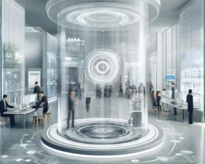 A high-definition image of a futuristic bank lobby, with customers interacting with digital kiosks and virtual assistants. The scene includes holographic displays and transparent screens showing financial data, symbolizing the harmonious blend of technology and finance.