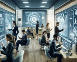 A sophisticated scene of banking professionals using futuristic technology, including touchscreens and VR headsets, in a modern banking environment.