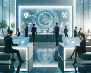 Modern digital banking setup featuring professionals working with cutting-edge technology in a sleek, high-tech environment.