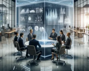 A diverse group of business leaders engaging in strategic discussions around a digital table displaying financial trends and data in a modern bank setting.