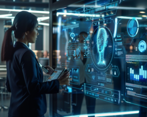 A female data analyst with a tablet examines advanced biometric data on a high-resolution digital interface in a modern security operations center.