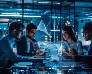 Four technology professionals (two men and two women of diverse ethnicities) collaborating over a futuristic digital workspace with holographic data visualizations and graphs in a modern office setting.