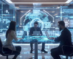 Three corporate professionals seated around a futuristic circular table, engaging in cybersecurity analysis with holographic displays of network security data in a modern command center.