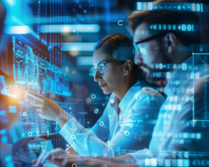 Two data scientists, one male and one female, analyzing real-time data on multiple screens in a technologically advanced digital environment.