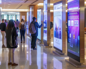 Several visitors, men and women of diverse ethnic backgrounds, interacting with vertical digital information kiosks in a brightly lit modern conference center hallway.