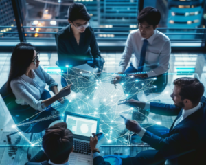 Diverse team of corporate professionals discussing over a glass table with a digital network interface floating above, symbolizing advanced connectivity and data management.