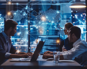 Professionals working on laptops with a holographic world map and network connections in the background, illustrating digital transformation in banking.