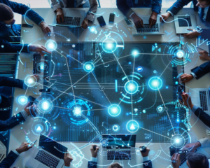 Top view of professionals working on laptops around a table with a digital network overlay, representing data science in banking.
