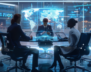 Banking executives in a high-tech meeting room strategizing digital transformation and operational resilience, with global data analytics displayed on a screen.