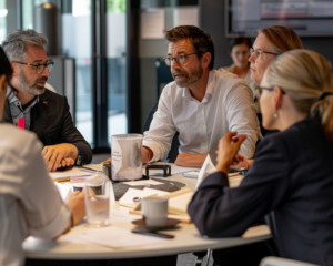 Group of business professionals in a meeting discussing strategy around a table