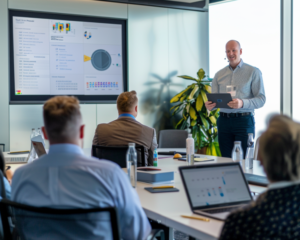 Business professional delivering a presentation on digital transformation strategies to a group in a modern conference room