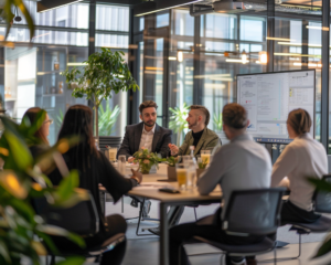 Diverse group of professionals in a modern office setting engaged in a business meeting, with a large screen displaying project data and plans.