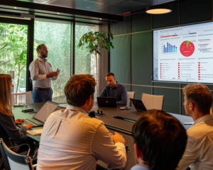 A business meeting with professionals discussing flexible transformation strategies, showing a presentation on a large screen.