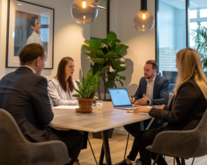 Business professionals in a modern office setting having a strategic meeting around a wooden table with a laptop.