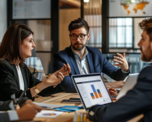 A team of professionals discussing core banking transformation strategies in a modern office setting.