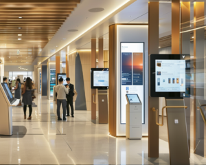 Futuristic banking hall with digital kiosks, interactive displays, and a modern design featuring warm lighting and sleek materials.