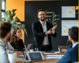 Enthusiastic business professional leading a discussion in a modern office meeting with a diverse team.