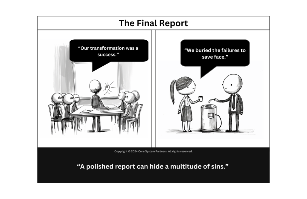 Illustration of a corporate meeting where a polished report masks the failures of a project, suggesting a misleading success.