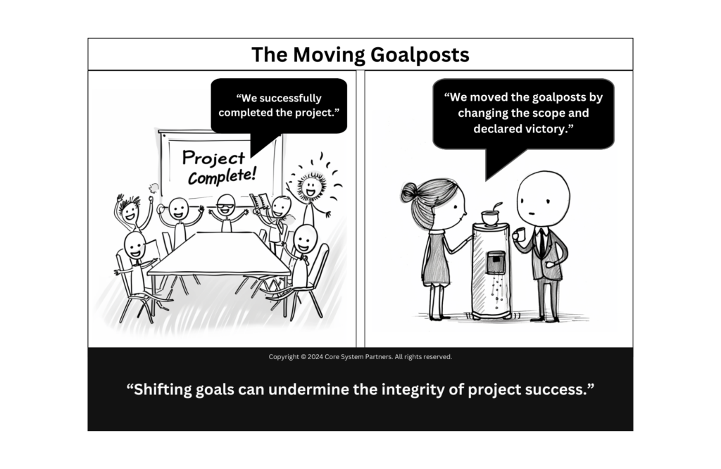 Cartoon depicting a meeting where team members discuss the shifting of project goals to declare a success, highlighting the pitfalls of changing objectives mid-project.