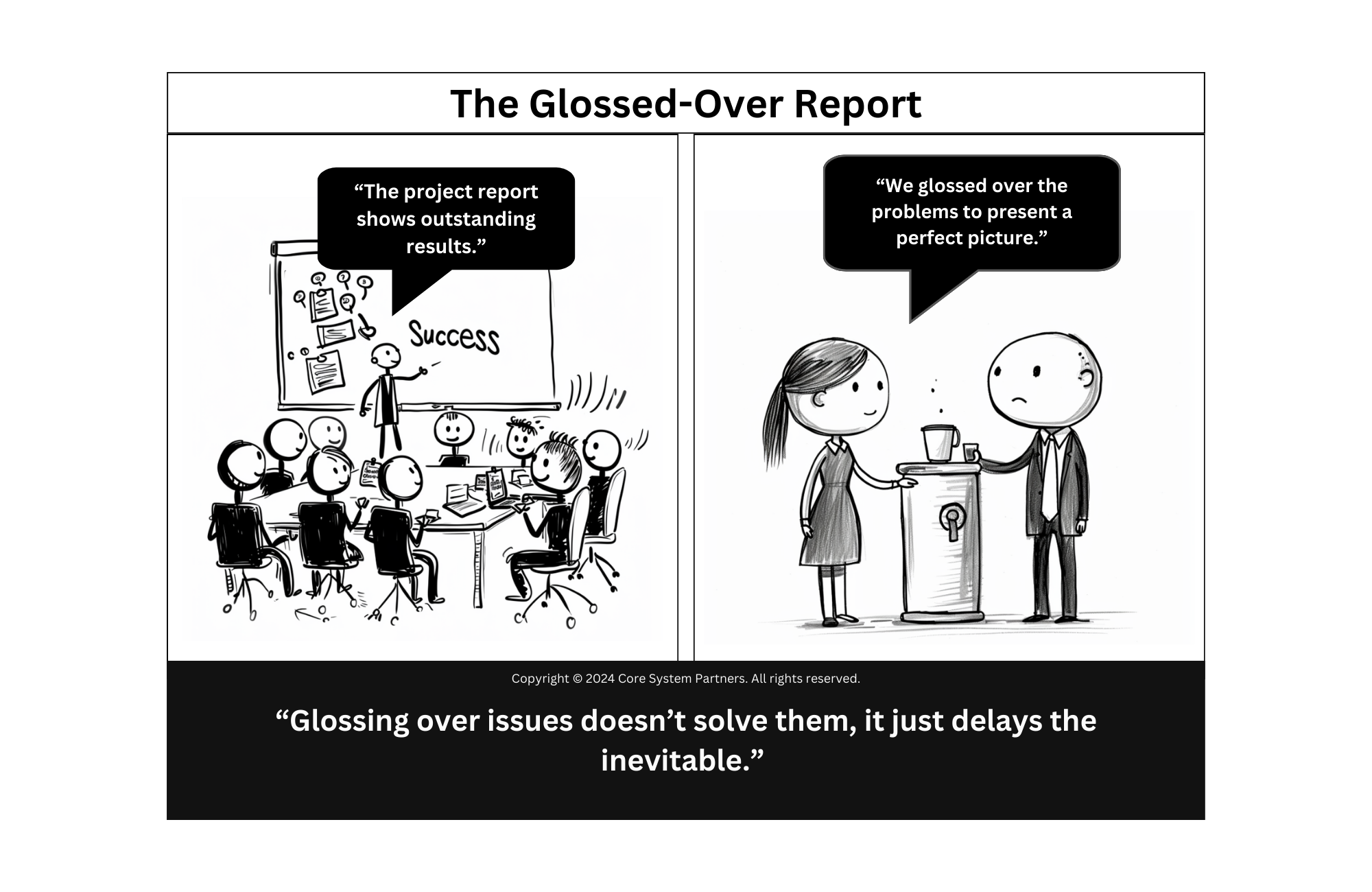 A cartoon depicting a business meeting where one character presents a project report labeled "Success" while another admits to glossing over problems, with the caption "Glossing over issues doesn't solve them, it just delays the inevitable.