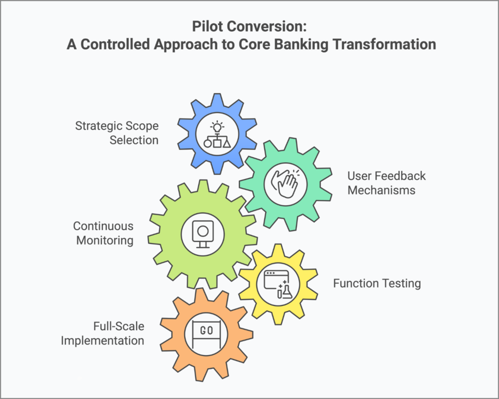 Visual depiction of Pilot Conversion for core banking transformations with interconnected gears illustrating strategic scope selection, user feedback mechanisms, function testing, continuous monitoring, and full-scale implementation.