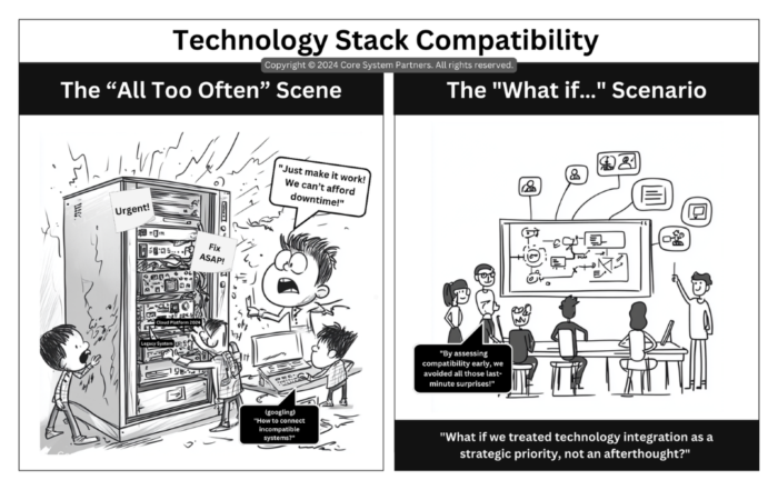 Cartoon comparing two scenarios of technology stack compatibility in core banking: chaotic last-minute fixes vs. strategic, collaborative planning for seamless integration.