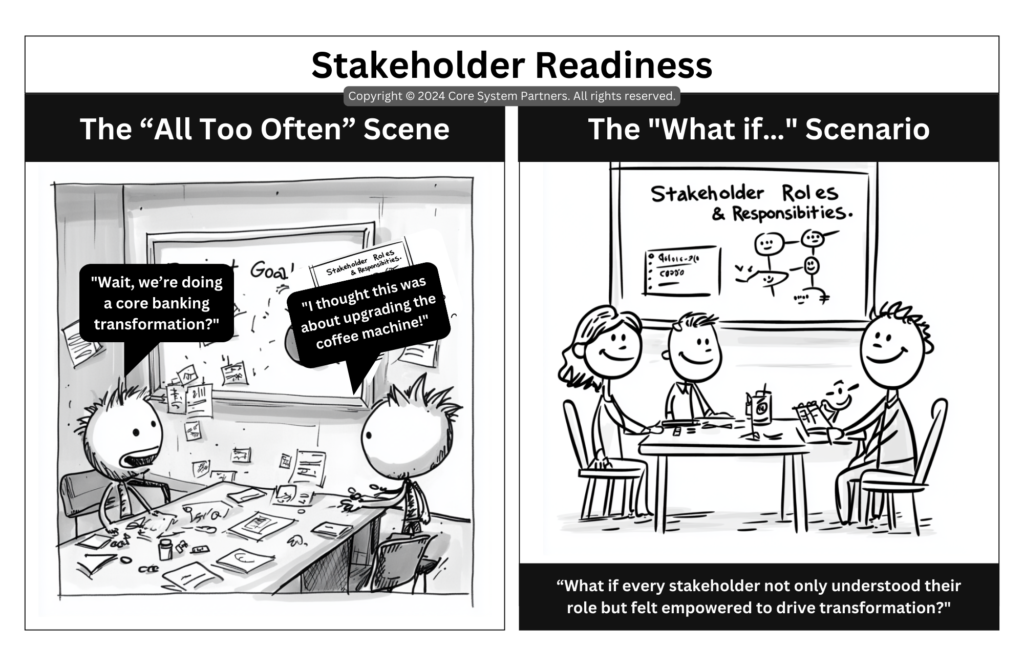 A comparison cartoon illustrating stakeholder readiness in core banking transformation. The "All Too Often" scene shows confused employees unaware of the transformation, while the "What If..." scenario depicts an engaged team with clear roles and responsibilities.