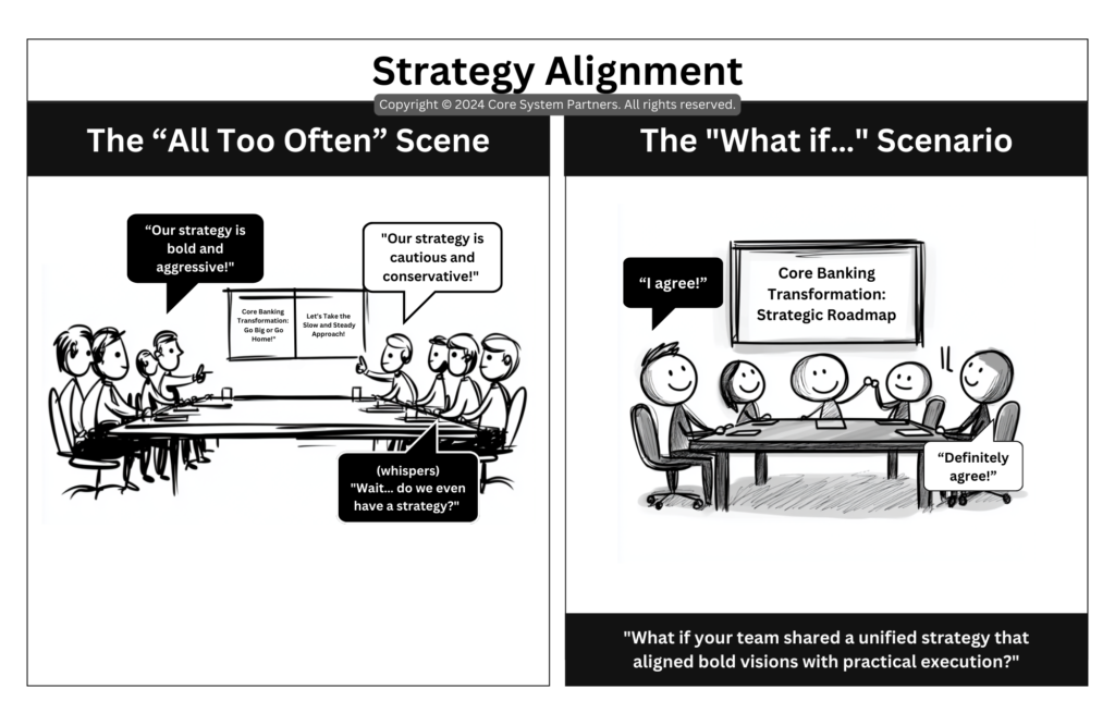 A comparison of two scenarios in core banking transformation: one with conflicting strategies and another with a unified, well-aligned approach.