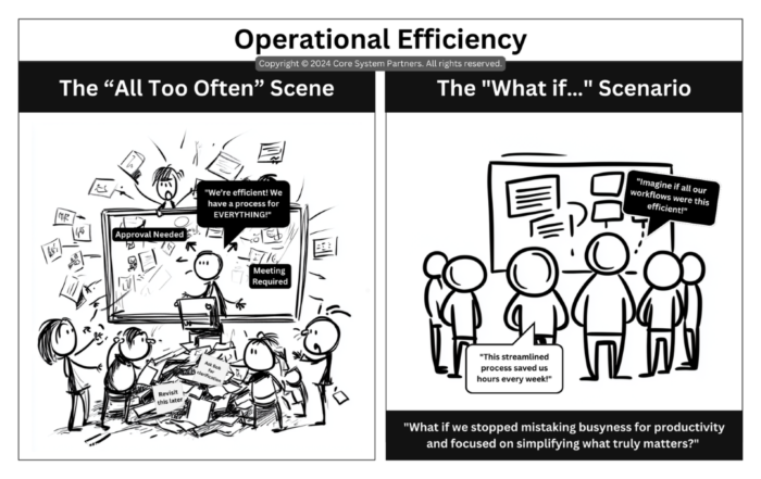 A side-by-side comparison of inefficient vs. optimized workflows in banking operations. The left panel shows a chaotic process-heavy environment, while the right panel illustrates a streamlined, efficient workflow.