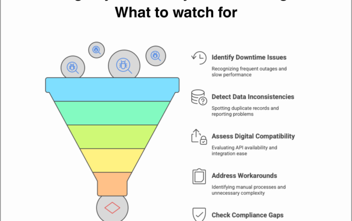 Funnel diagram showing five signs of core system failure: downtime issues, data inconsistencies, digital compatibility problems, workarounds, and compliance gaps.