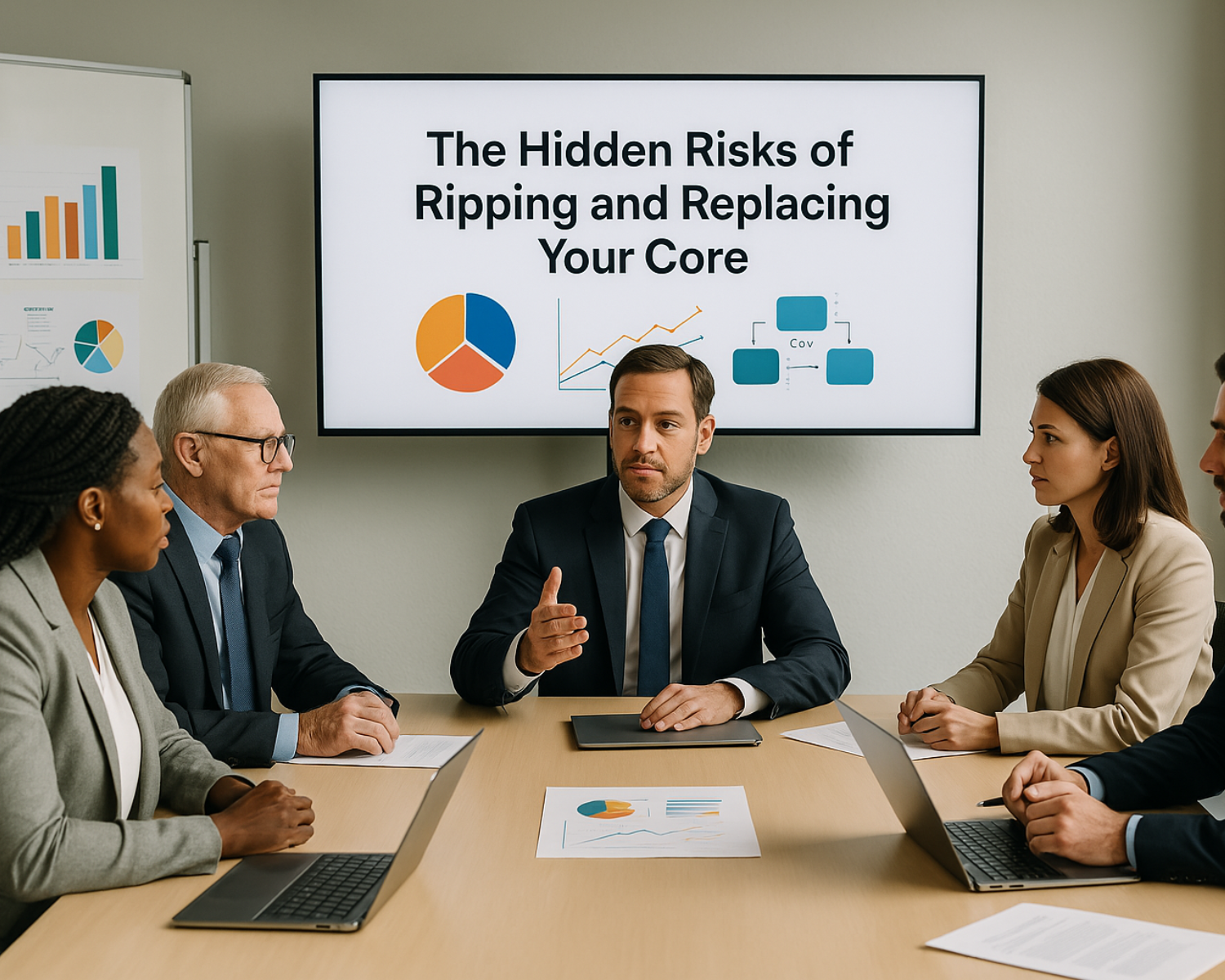 Diagram showing the hidden risks of core system replacement, including operational disruptions, data migration complexities, resource allocation, and integration challenges.