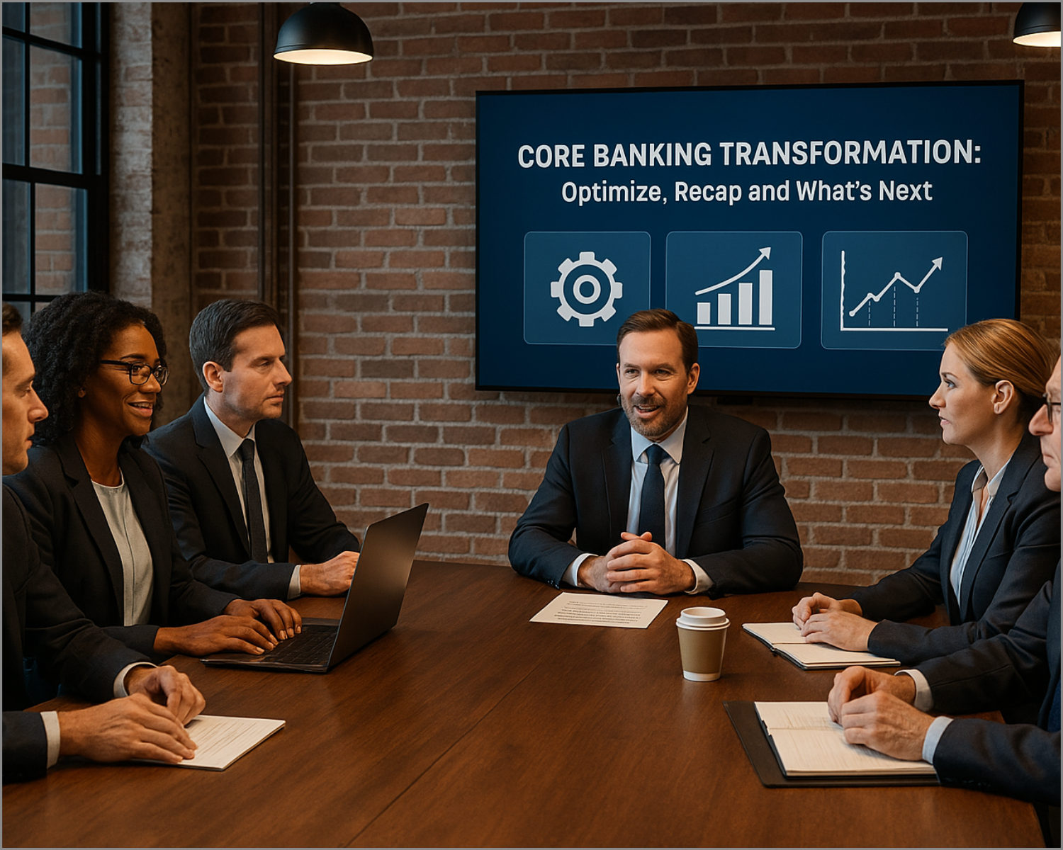 Infographic showing the OptimizeCore® journey steps: recognize legacy system issues, implement modernization strategies, use OptimizeCore® Scorecard, evaluate core system, and build a modernization roadmap.