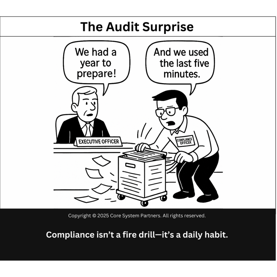 The real audit surprise? When preparation happens in the last five minutes. Compliance should be part of daily operations—not a last-minute scramble.