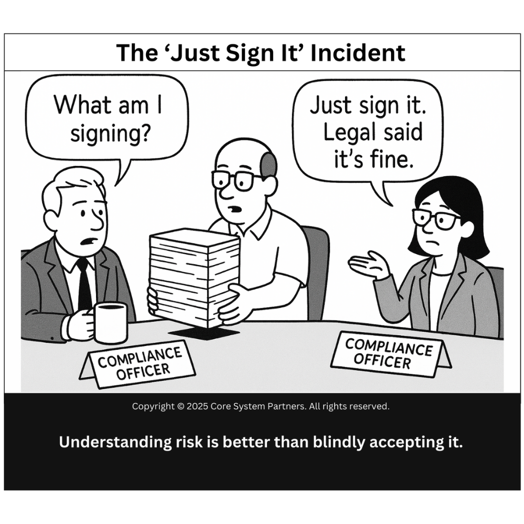 Cartoon illustrating blind signoffs in banking compliance, highlighting the dangers of rubber-stamped approvals and the need for real risk understanding.