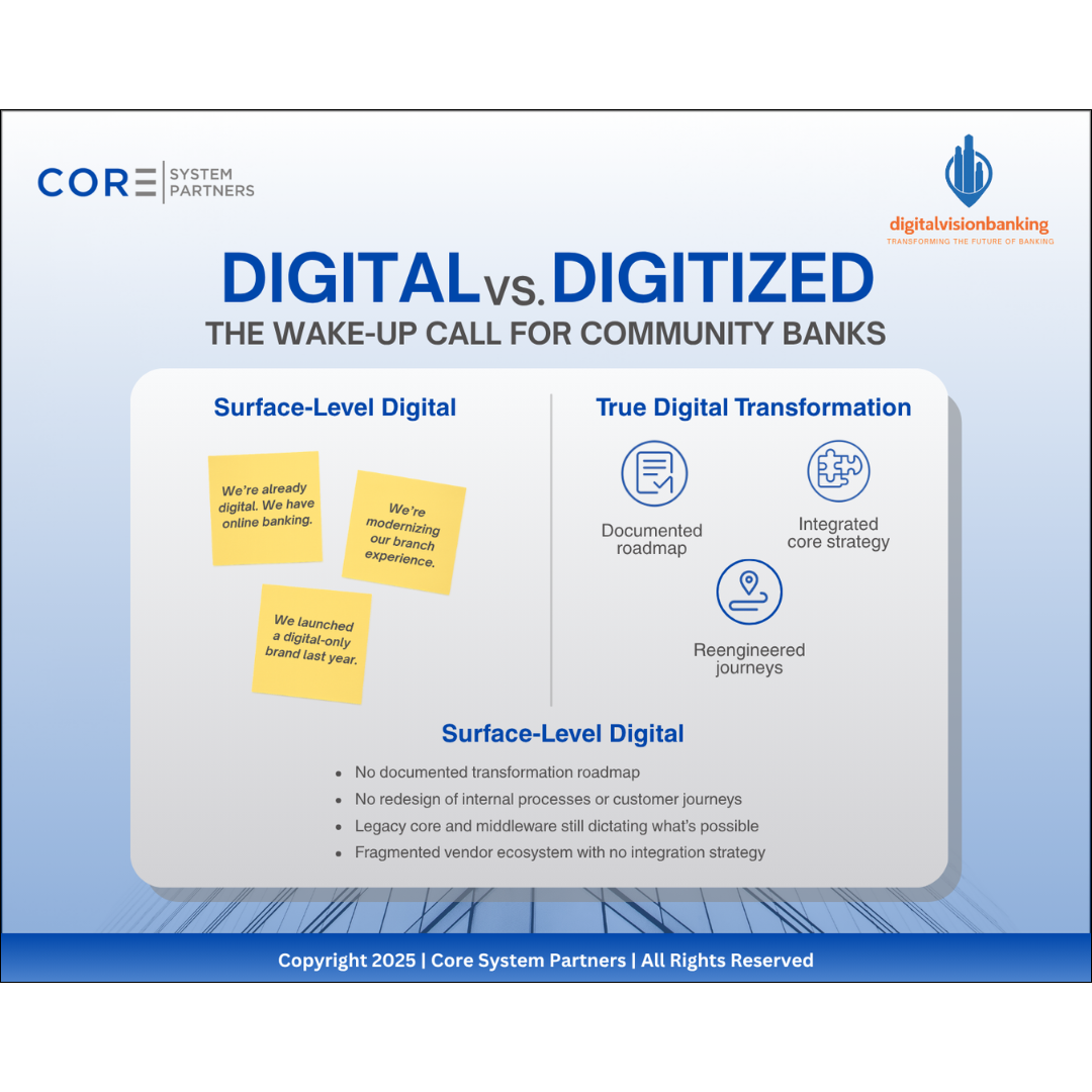 Many community banks confuse being digital with being transformed. True transformation goes beyond apps and websites—it requires a clear roadmap, integrated core strategy, and reengineered customer journeys.