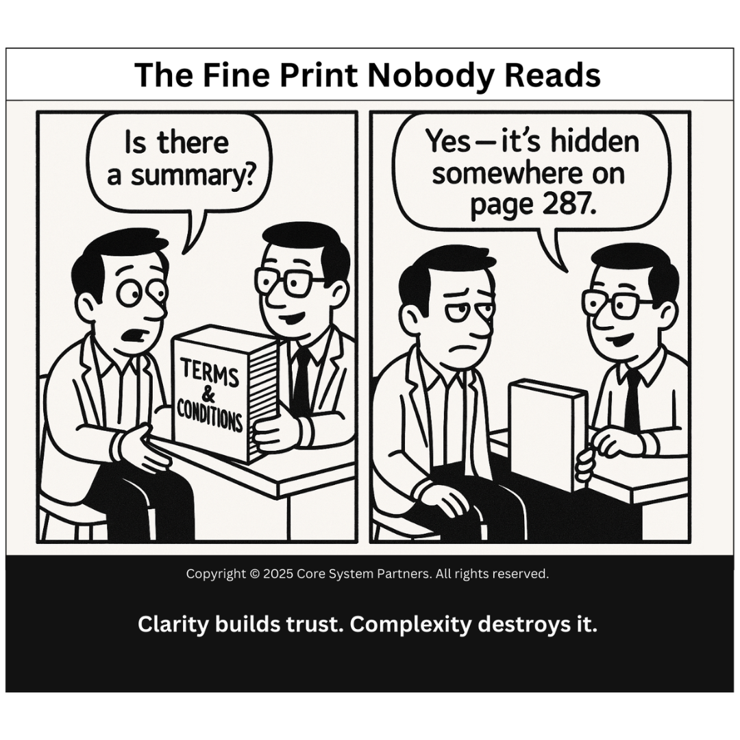 “Yes—it’s hidden somewhere on page 287.” When customers need a lawyer to understand your product, you’re not protecting your brand, you’re undermining it.