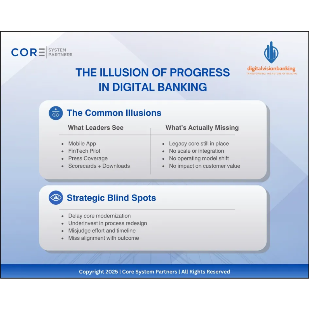 The Illusion of Progress in Digital Banking.” A visual breakdown of how surface-level initiatives mask deeper transformation gaps.