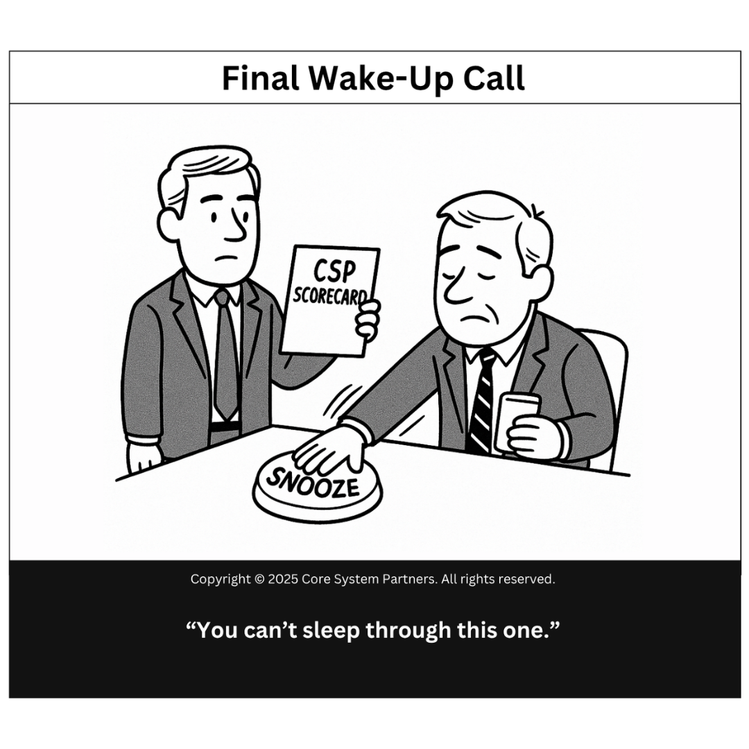 Cartoon showing a banking executive half-asleep, pressing a giant “Snooze” button while holding a coffee mug. Another professional stands beside him, holding a document labeled “CSP Scorecard.” Caption reads: “You can’t sleep through this one.