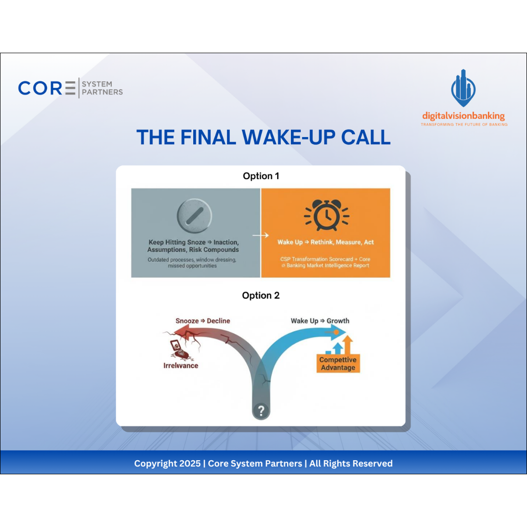 Banks face two choices: keep hitting snooze and risk decline, or wake up, measure readiness, and lead transformation for lasting growth.