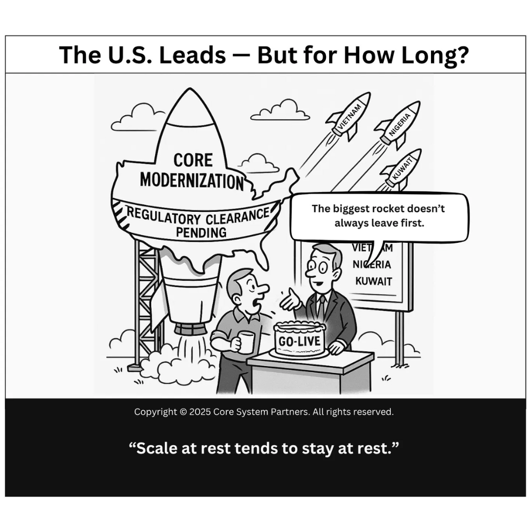 Despite dominating core transformation volume, U.S. banks are falling behind emerging markets in speed and agility. This cartoon captures the inertia.