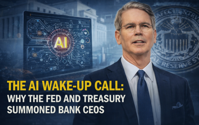 AI wake-up call in banking showing Federal Reserve context, bank executive and AI system highlighting regulatory and architectural risks