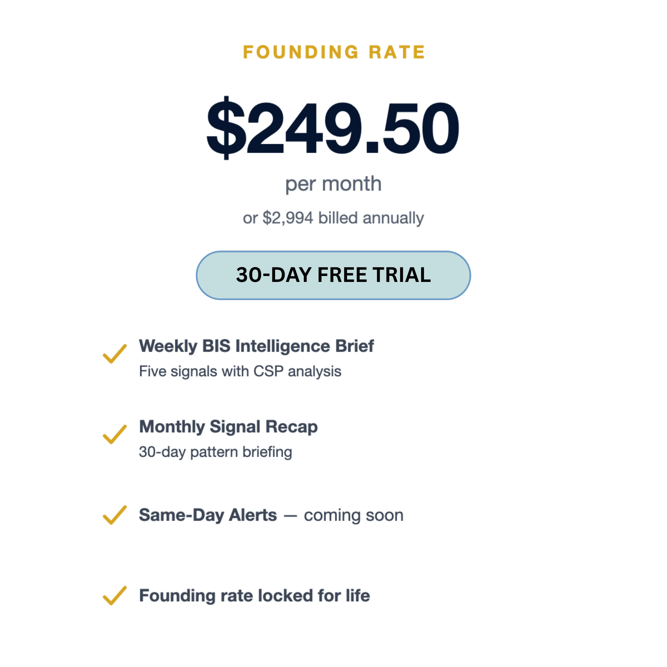BIS founding rate: $249.50 per month or $2,994 annually, with a 7-day free trial, weekly brief, monthly recap, and same-day alerts coming soon.