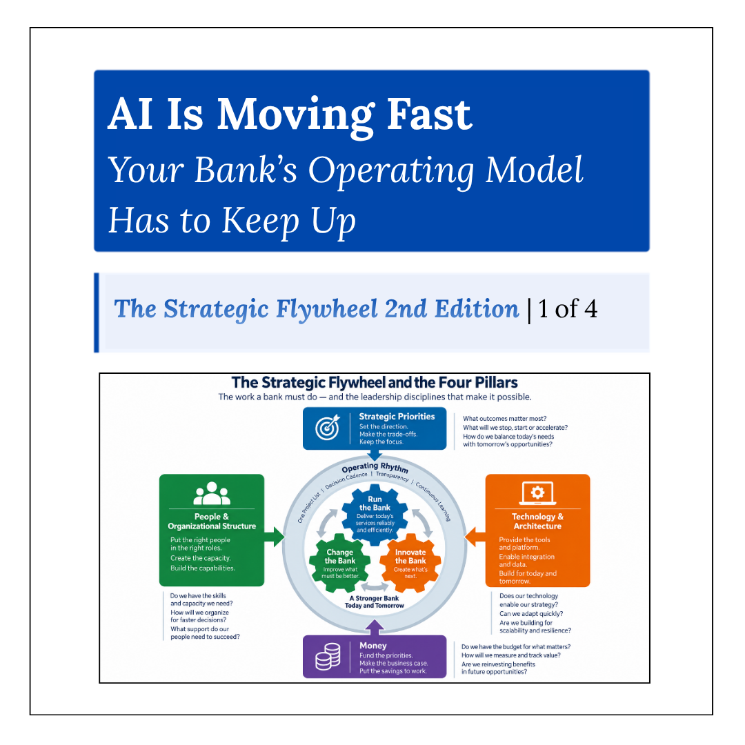 The four pillars support all three gears. The operating rhythm keeps leadership’s decisions about priorities, people, technology and money connected to the work.